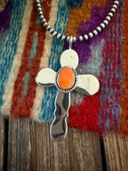 Handcrafted Sterling Silver & Spiny Oyster Cross Pendant by Joseph Martinez