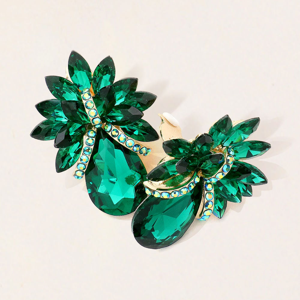 Teardrop Stone Accented Clip on Evening Earrings