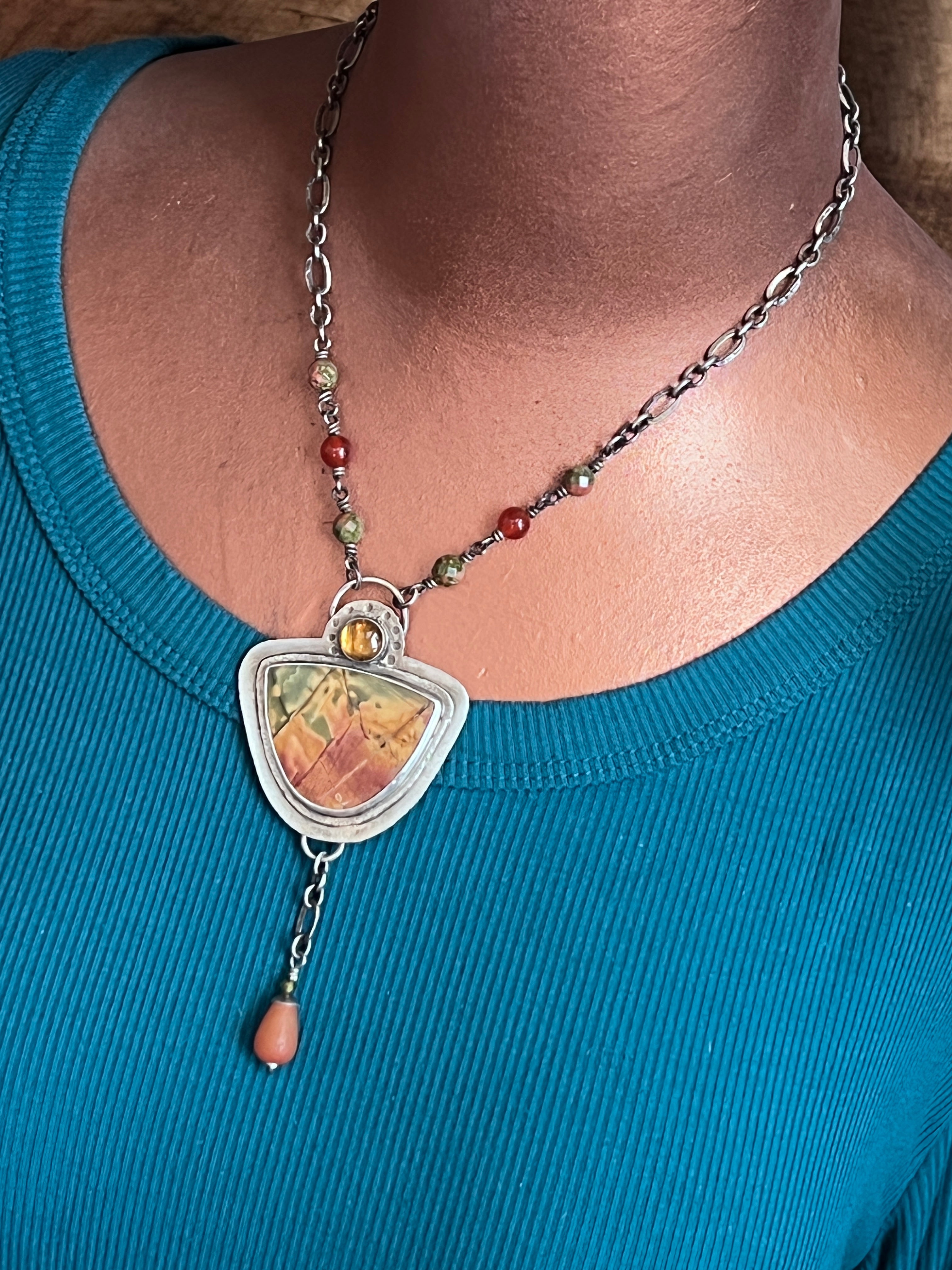 Tularosa Rosary Style Sterling Silver, Red Creek Jasper and Citrine Sunset Necklace
