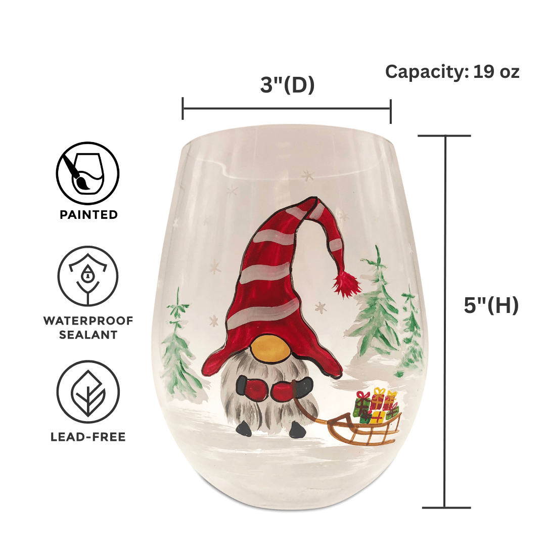 Painted Christmas Gnome Stemless Wine Glasses
