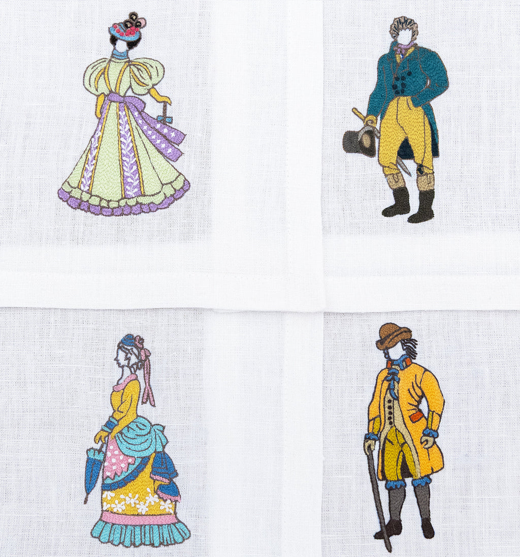 Hand Embroidered Ladies and Gentlemen Cocktail Napkins 6" x 6" (Set of 4)