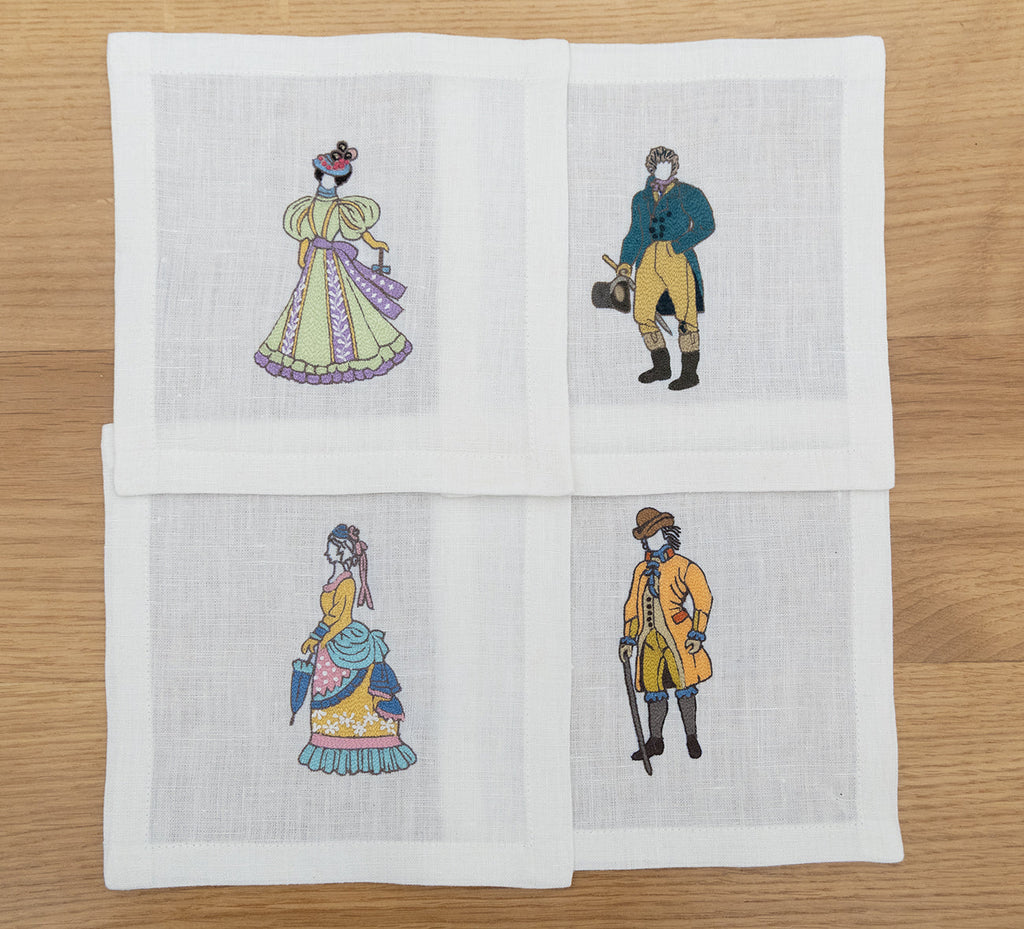 Hand Embroidered Ladies and Gentlemen Cocktail Napkins 6" x 6" (Set of 4)