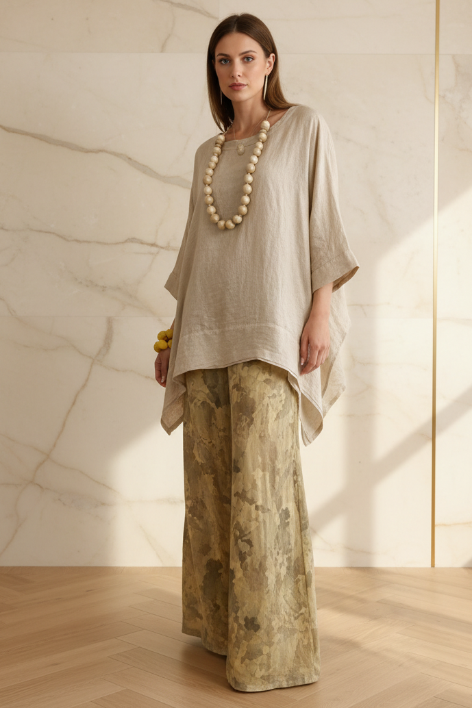 Women's Solid Linen-Style Tunic Top & Watercolor Floral Wide-Leg Pants Set