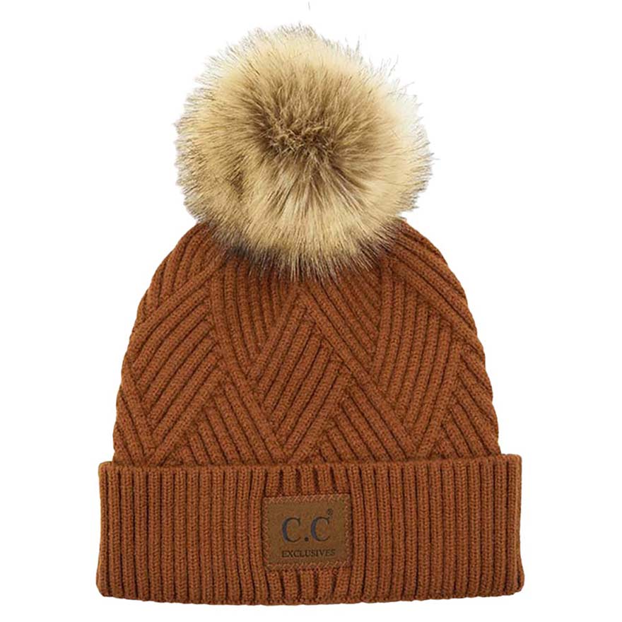C.C Women's Heather Beanie Hat With Pom And Suede Patch
