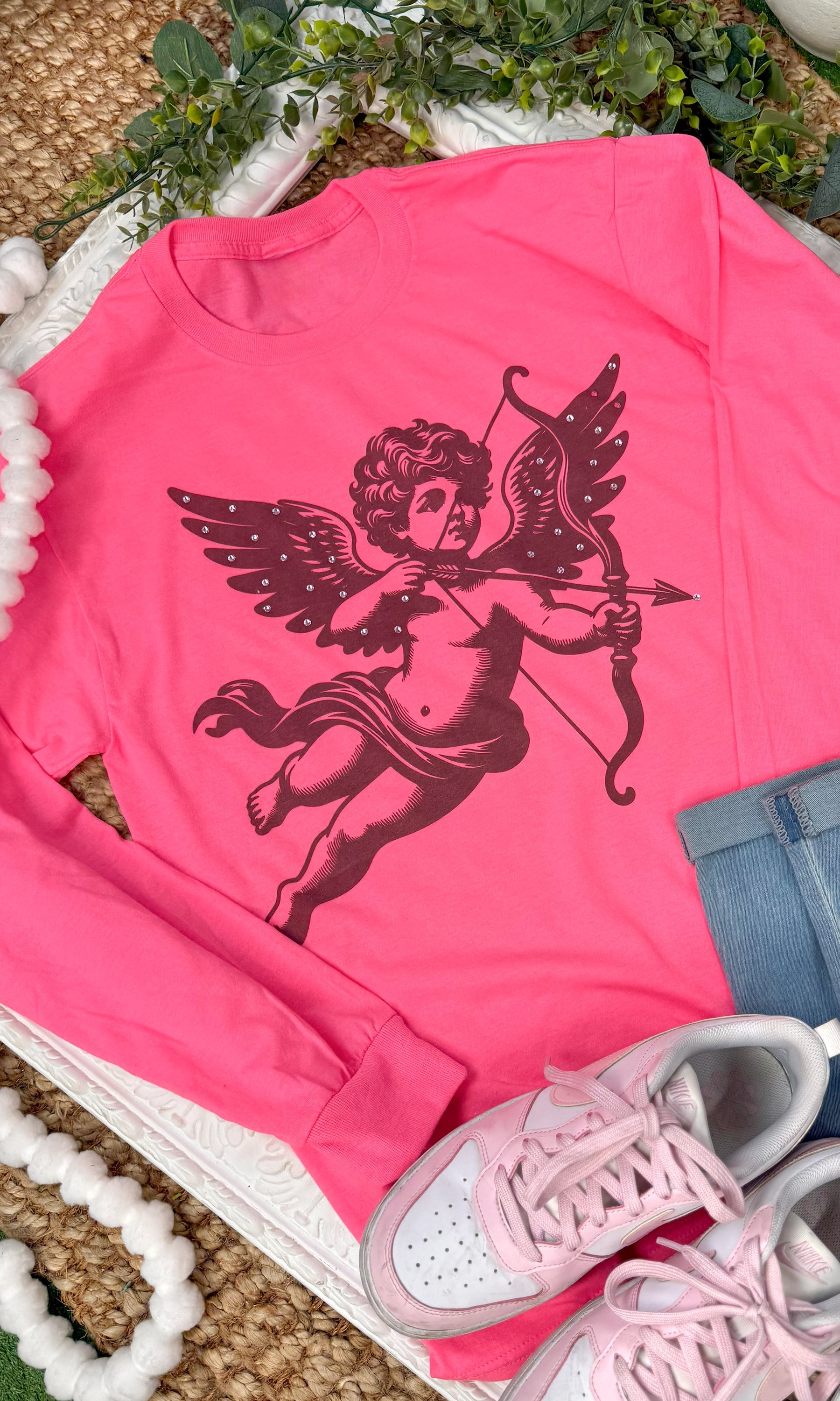 Cupid Valentine Rhinestone Graphic Long Sleeve T-Shirt