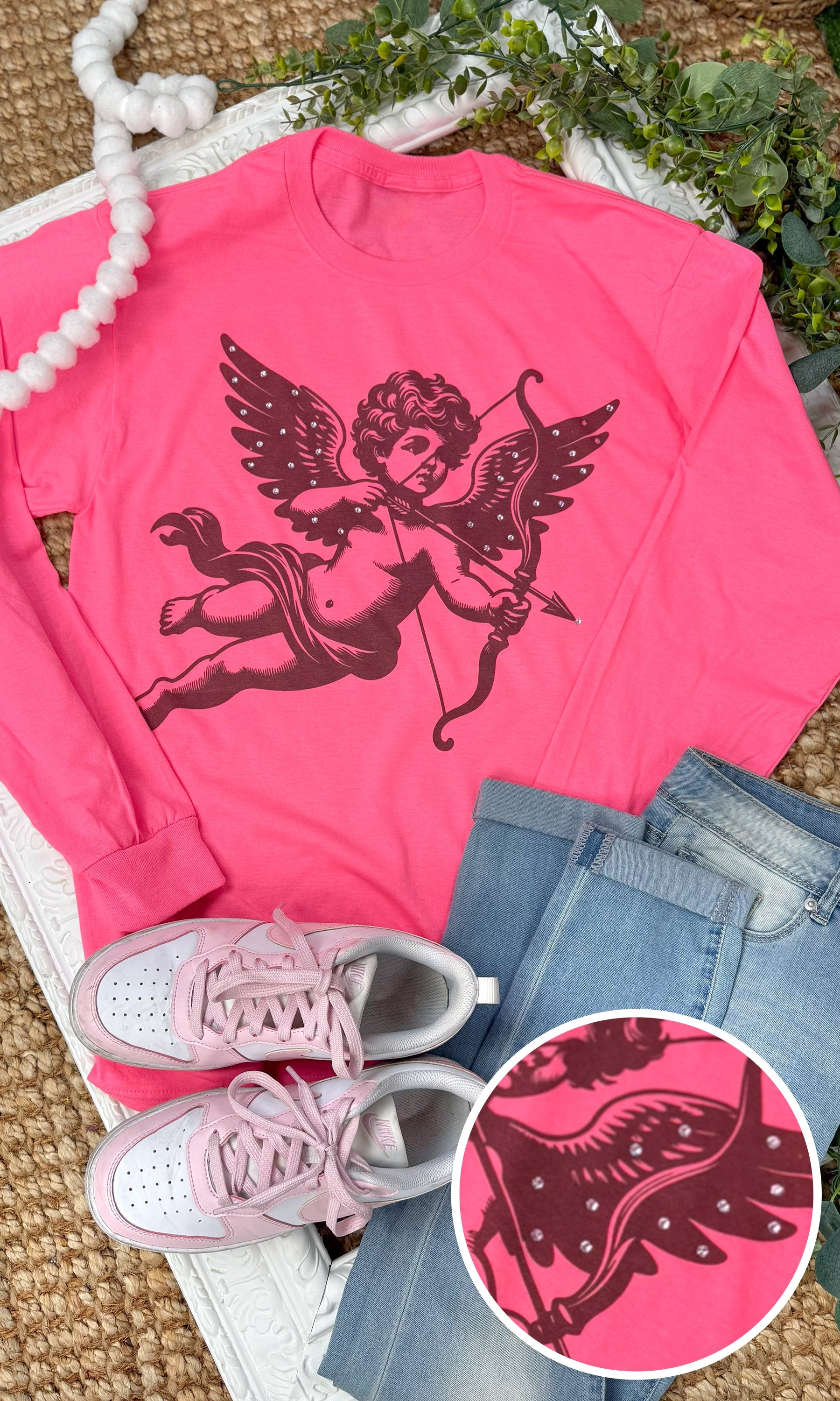 Cupid Valentine Rhinestone Graphic Long Sleeve T-Shirt