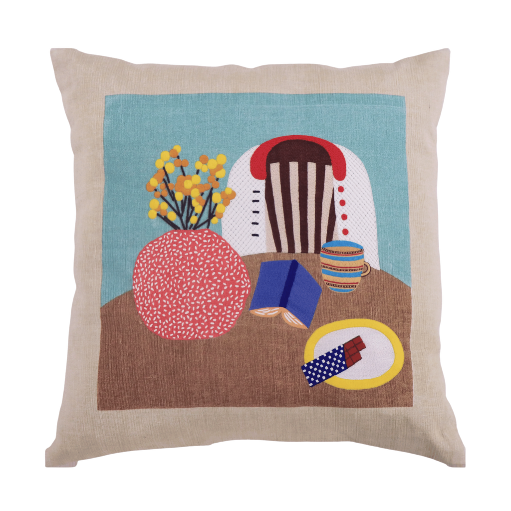 Hand Embroidered Still Life Pillow Cover 20" x 20"