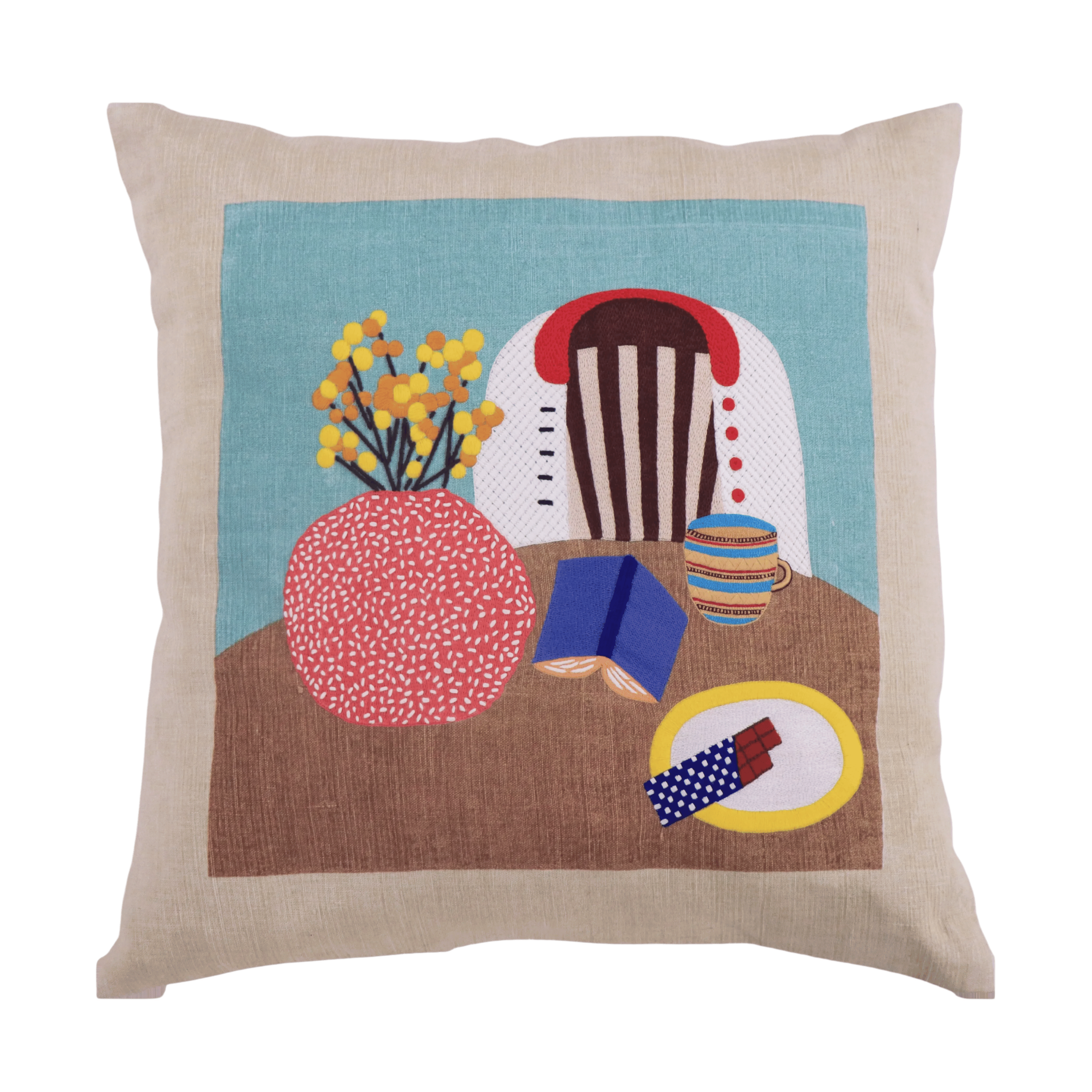 Hand Embroidered Still Life Pillow Cover 20" x 20"