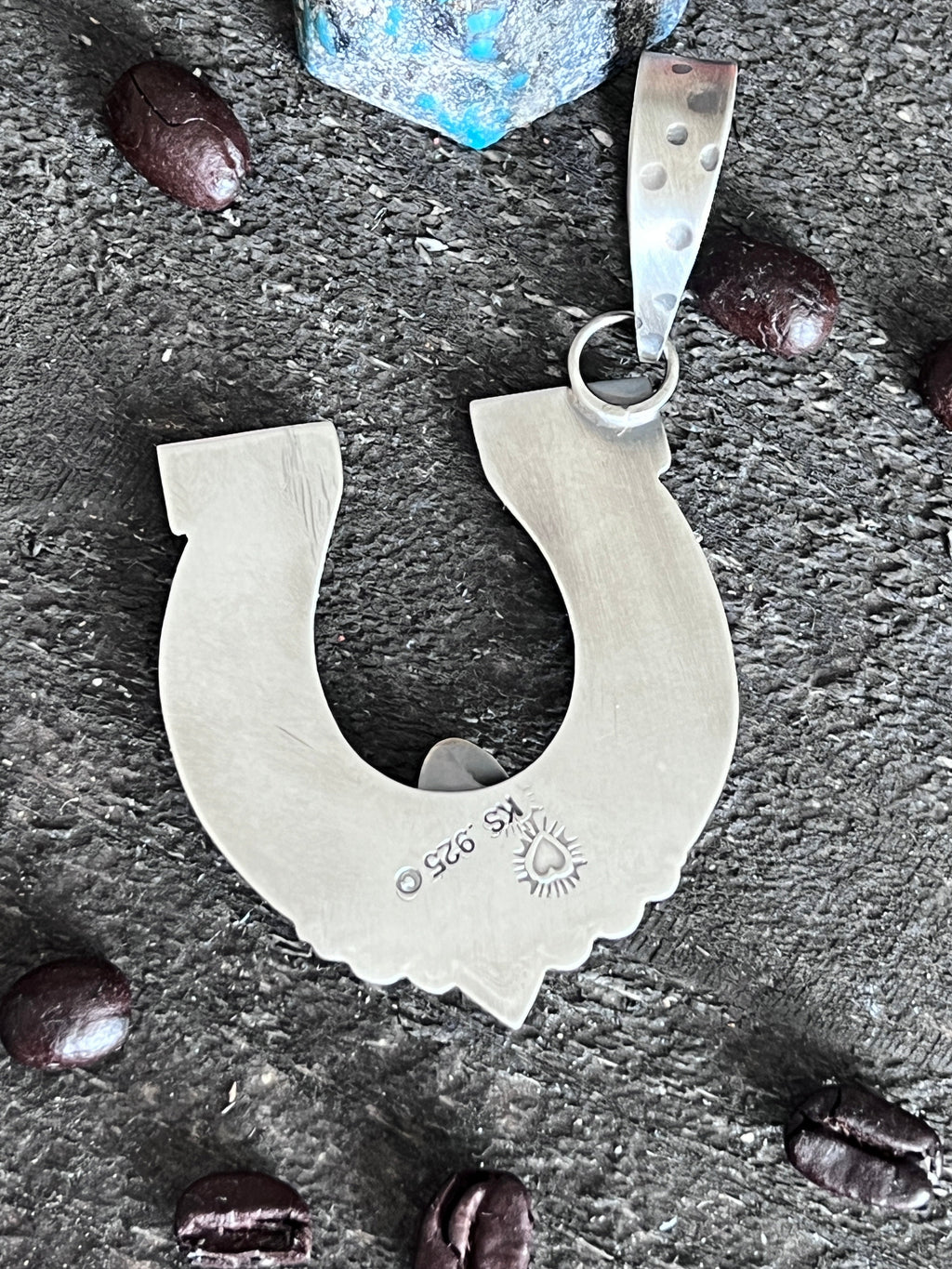 Kimari Somers Hand Stamped Sterling Silver Star Horseshoe Pendant with Brass Accents & Royston Turquoise