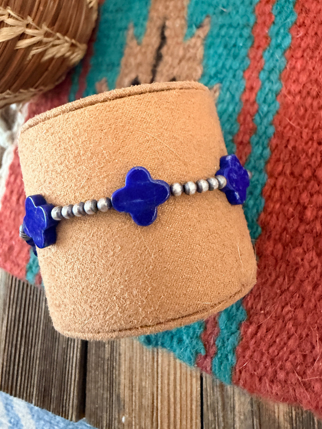 Handcrafted Lapis & Sterling Silver Pearl Cross Beaded Stretch Bracelet