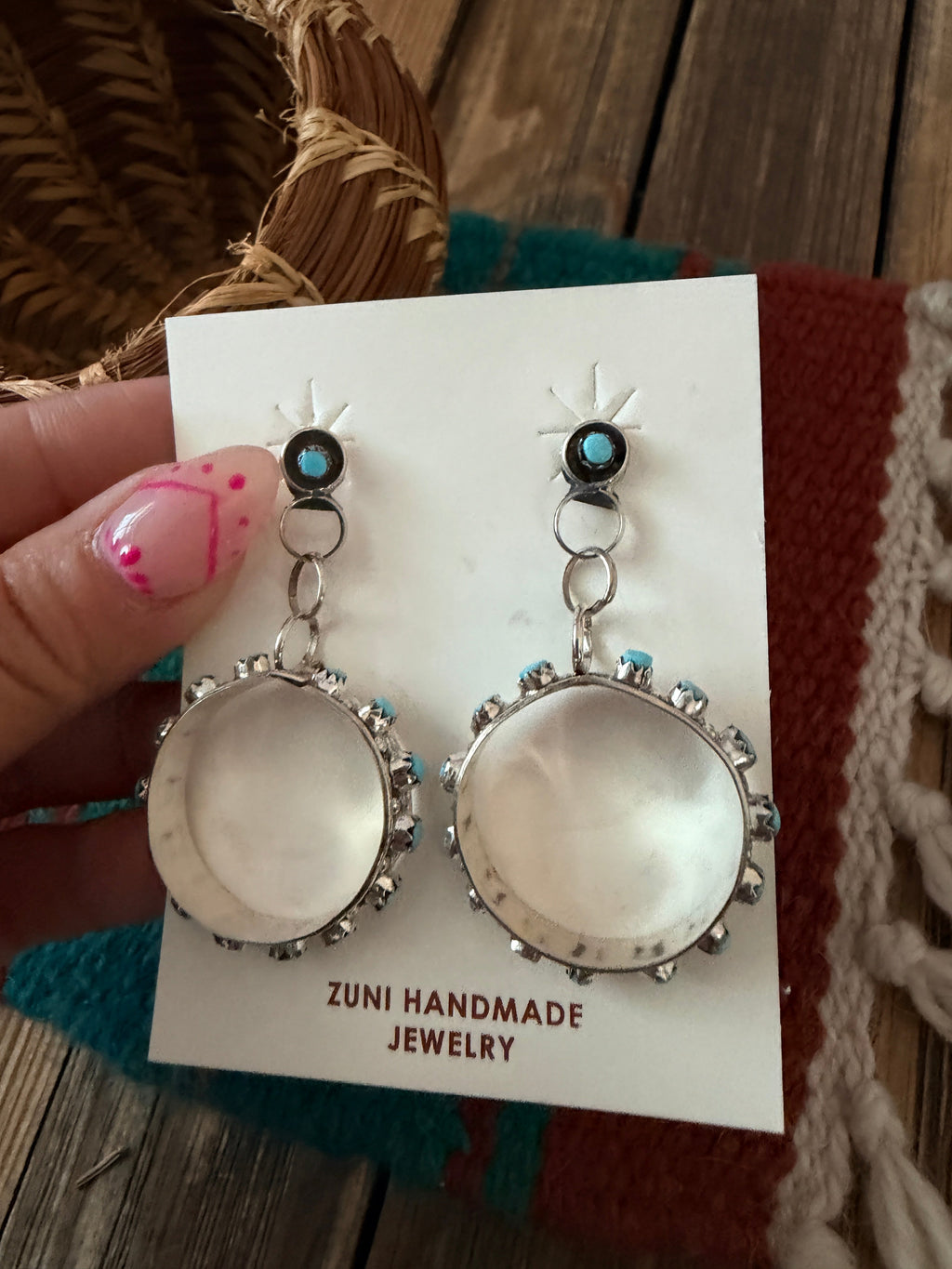 Handcrafted Sterling Silver & Turquoise Petit Point Dangle Hoop Earrings
