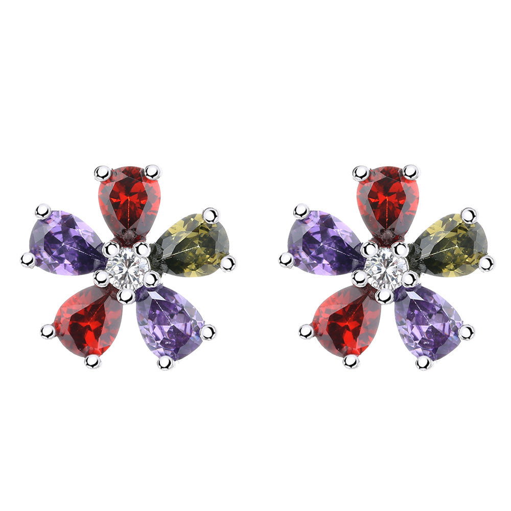 Sterling Silver Multi-Gemstone Floral Stud Earrings - Ruby / Peridot / Amethyst
