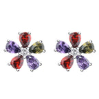 Sterling Silver Multi-Gemstone Floral Stud Earrings - Ruby / Peridot / Amethyst