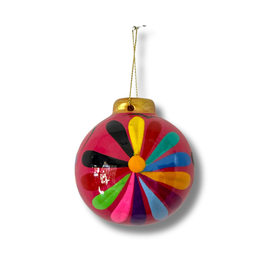 Hand-Painted Ceramic Colorful Sphere Boho Flower Ornament - Mexico