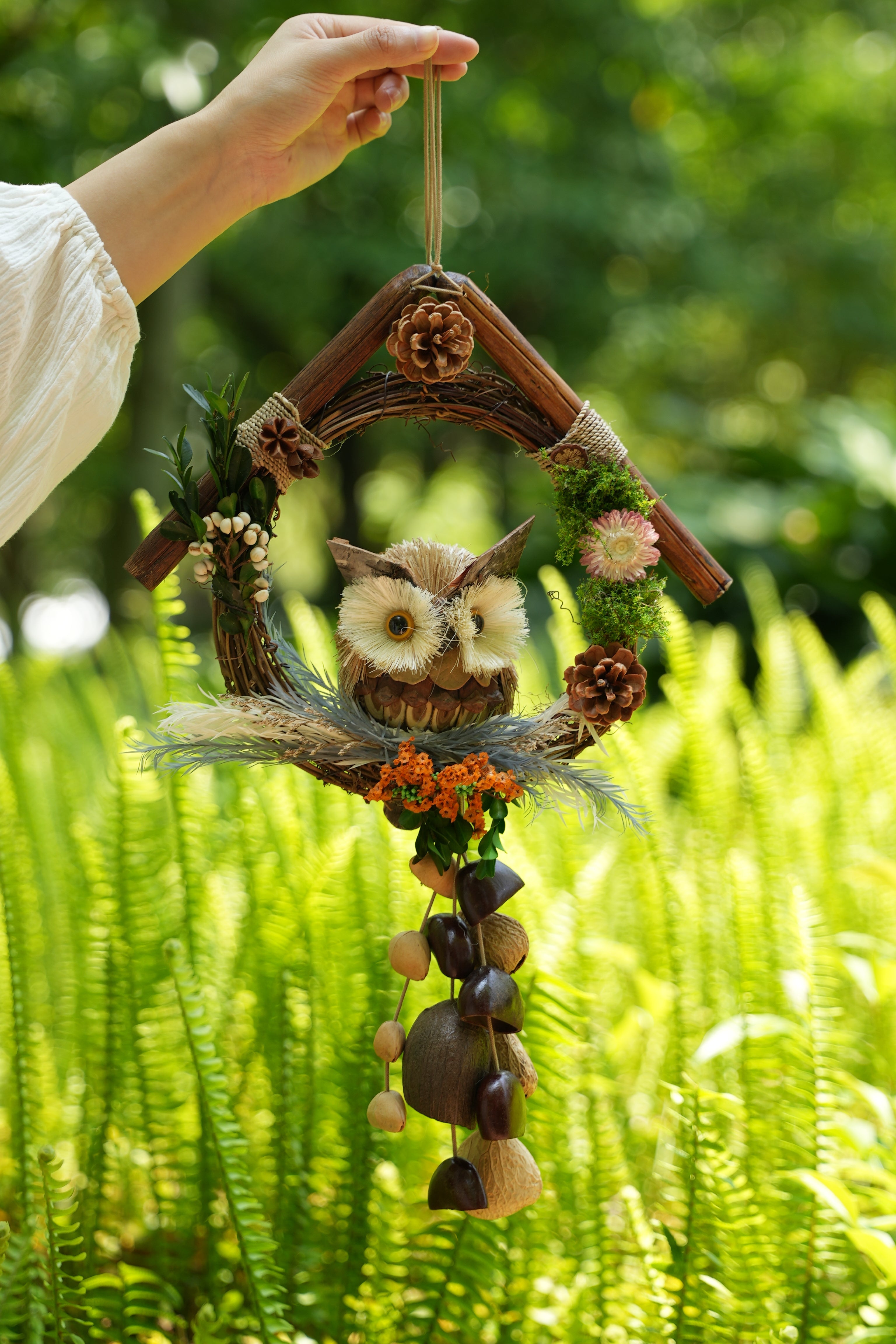 "The Owl's Forest Home" - Natural Wreath Wind Chime with Pinecone Owl & Floral Accents