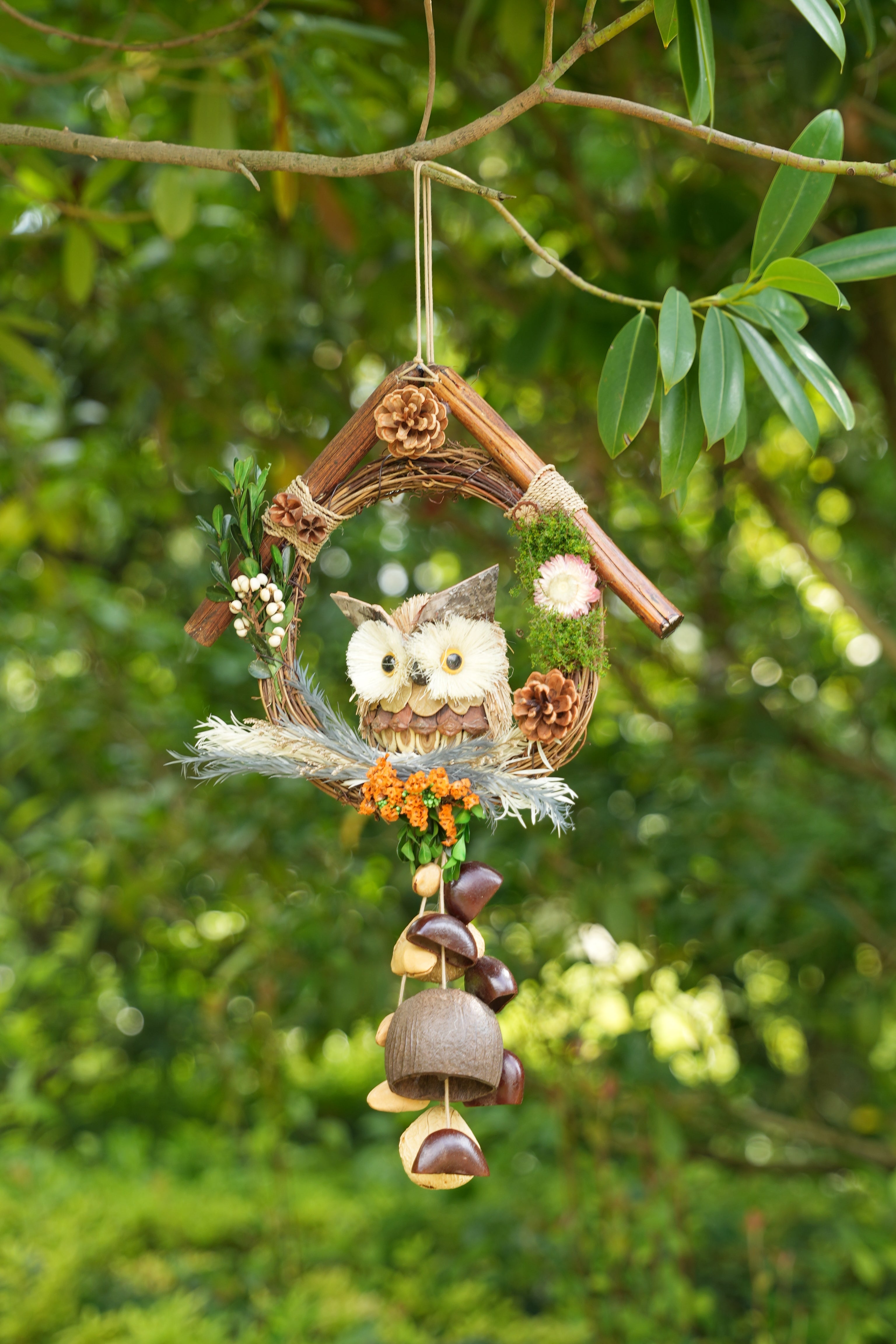 "The Owl's Forest Home" - Natural Wreath Wind Chime with Pinecone Owl & Floral Accents