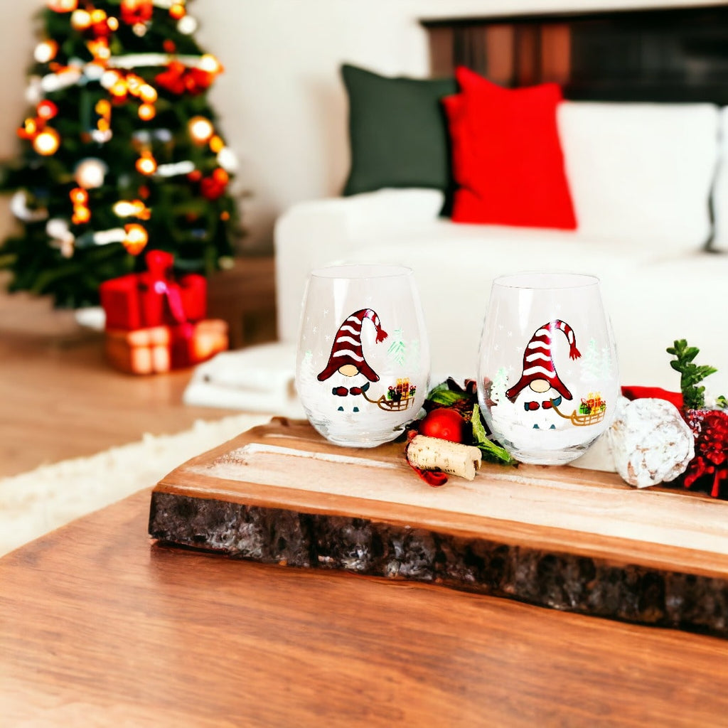 Painted Christmas Gnome Stemless Wine Glasses
