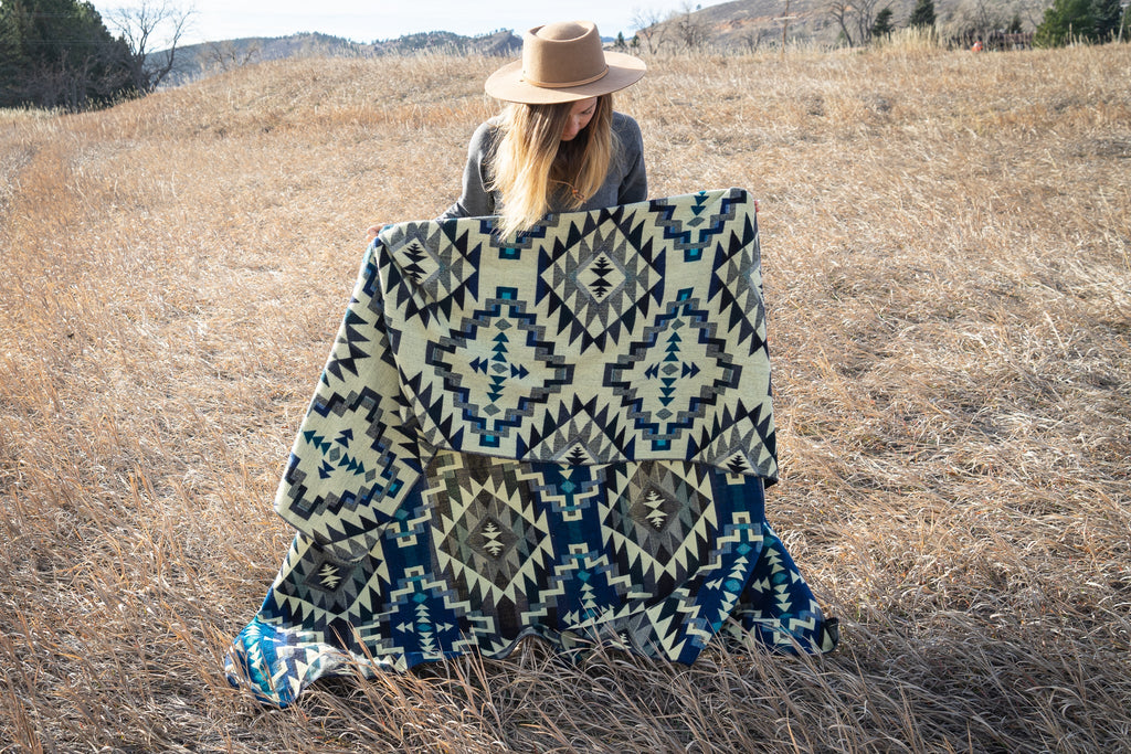 Andean Alpaca Wool Blanket - Blue Chakana