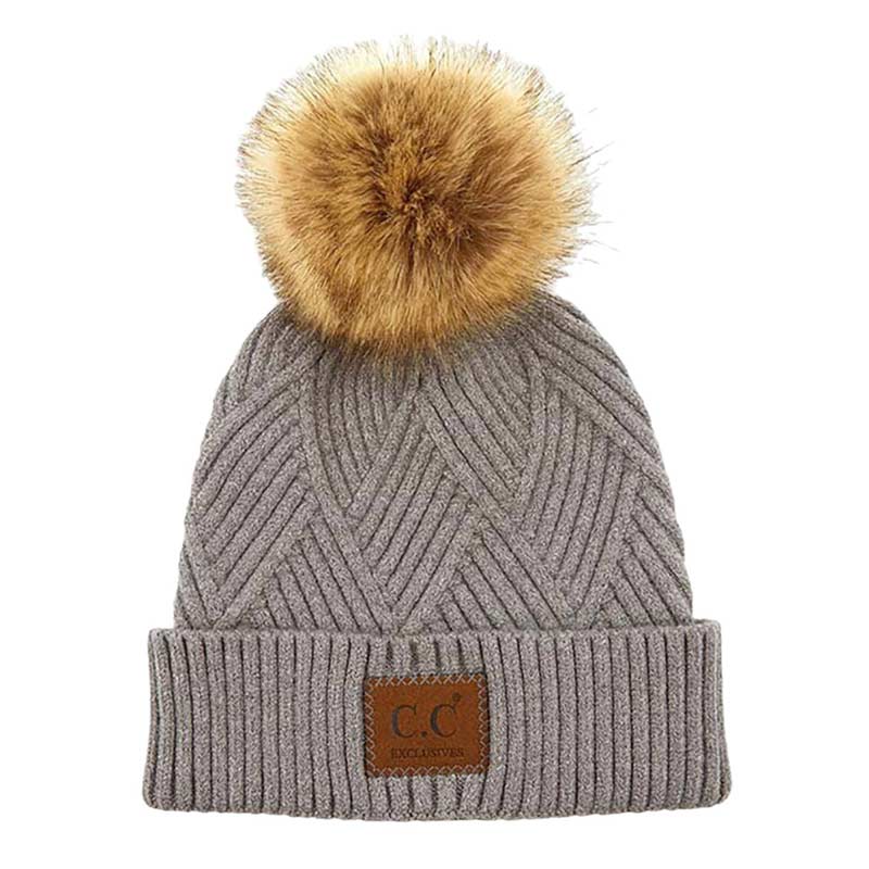 C.C Women's Heather Beanie Hat With Pom And Suede Patch