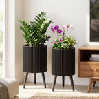 Fluted Metal Planter Pots with Stand Set of 2