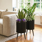 Fluted Metal Planter Pots with Stand Set of 2
