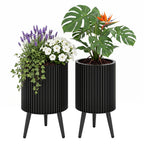 Fluted Metal Planter Pots with Stand Set of 2