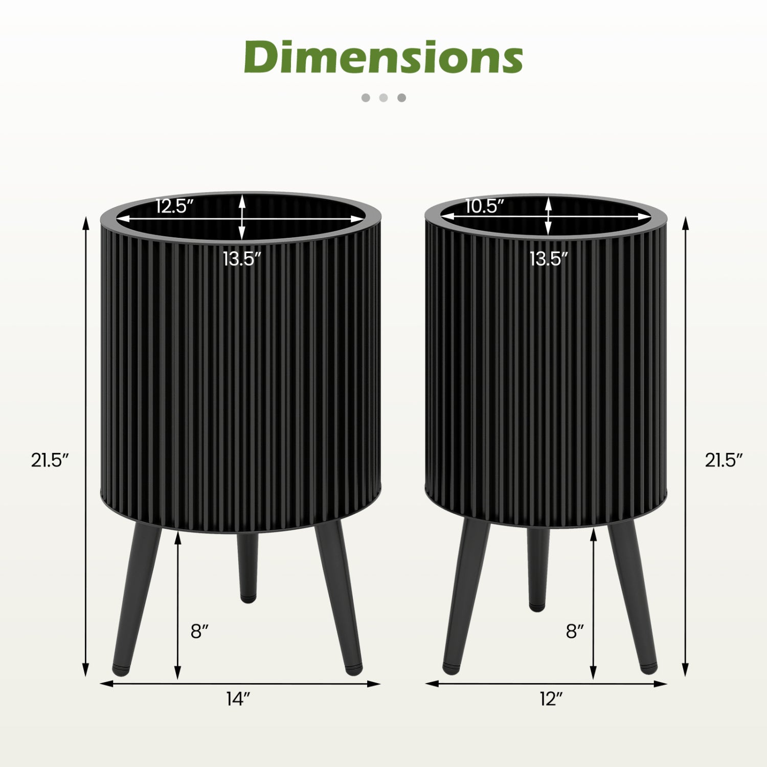 Fluted Metal Planter Pots with Stand Set of 2