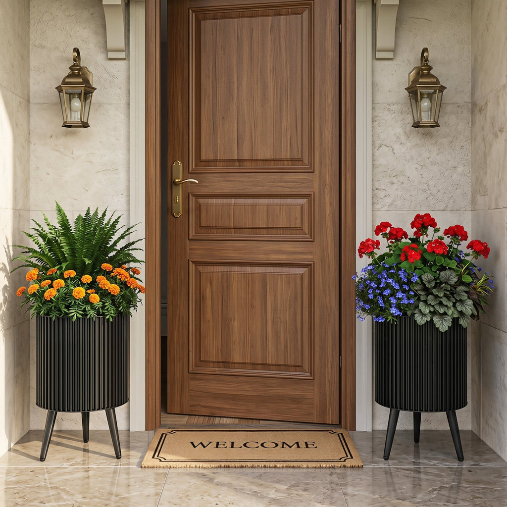 Fluted Metal Planter Pots with Stand Set of 2