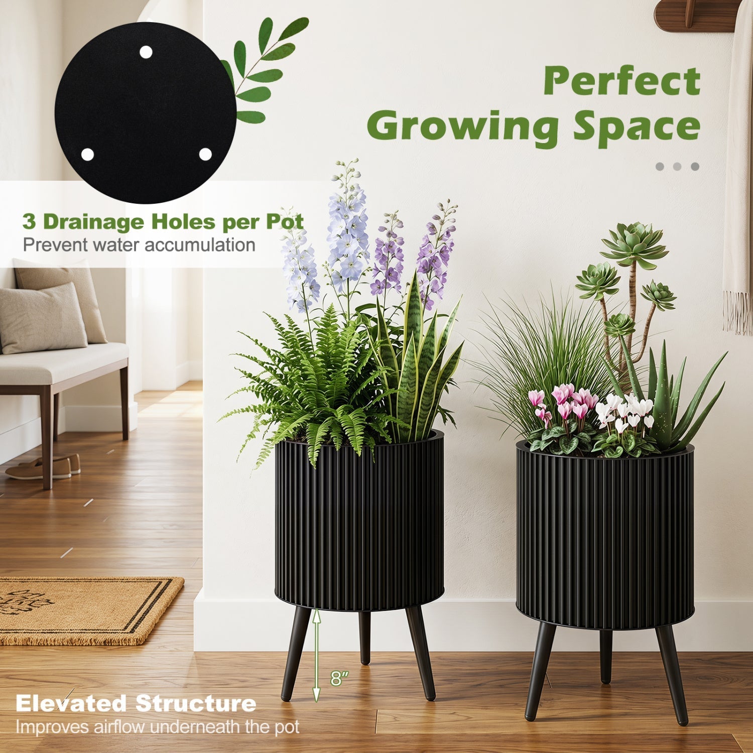 Fluted Metal Planter Pots with Stand Set of 2
