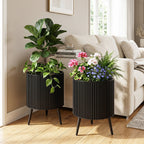 Fluted Metal Planter Pots with Stand Set of 2