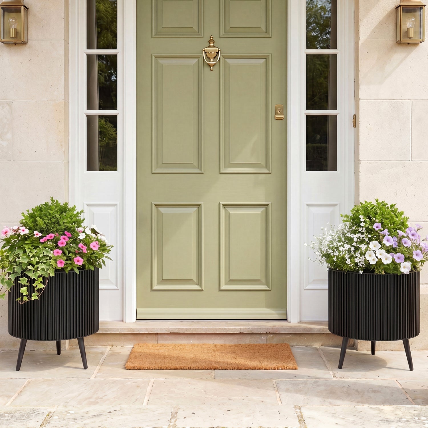 Fluted Metal Planter Pots with Stand Set of 2