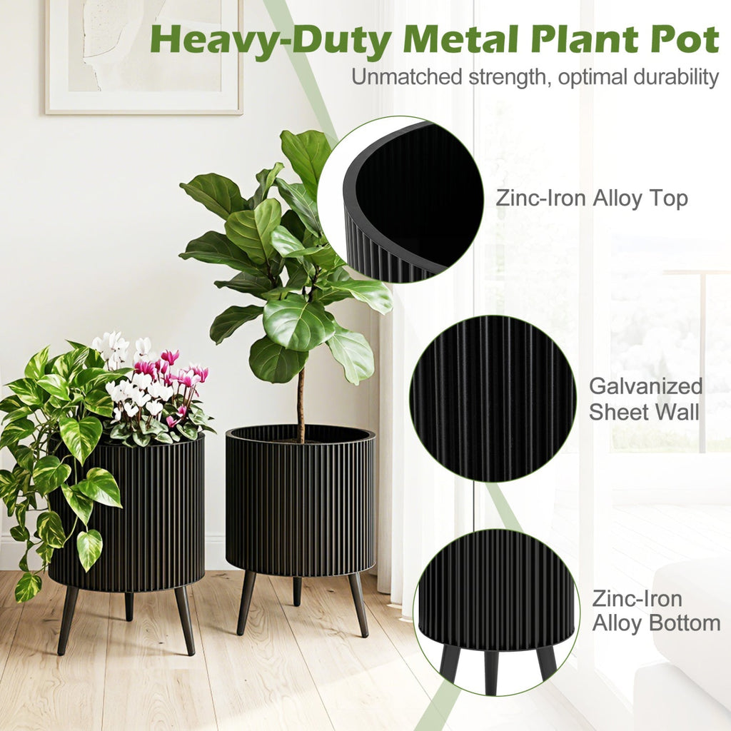 Fluted Metal Planter Pots with Stand Set of 2