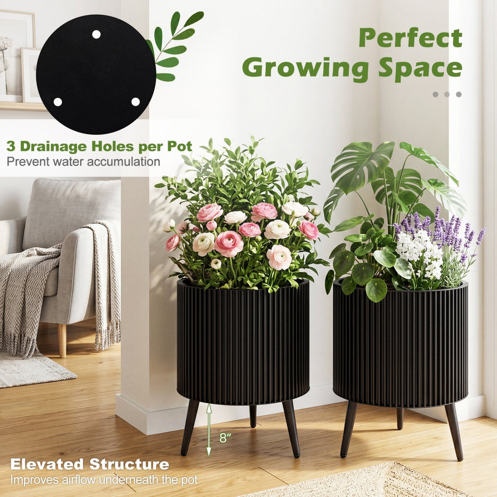 Fluted Metal Planter Pots with Stand Set of 2