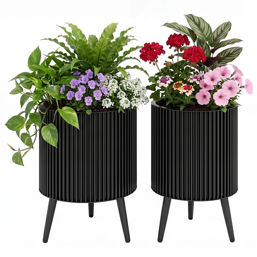Fluted Metal Planter Pots with Stand Set of 2