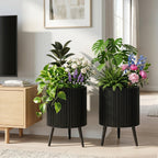 Fluted Metal Planter Pots with Stand Set of 2