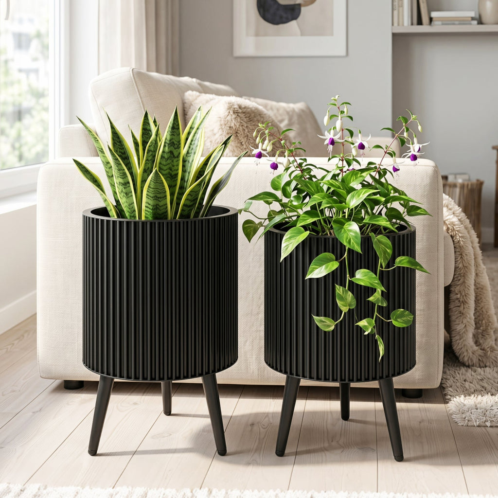 Fluted Metal Planter Pots with Stand Set of 2