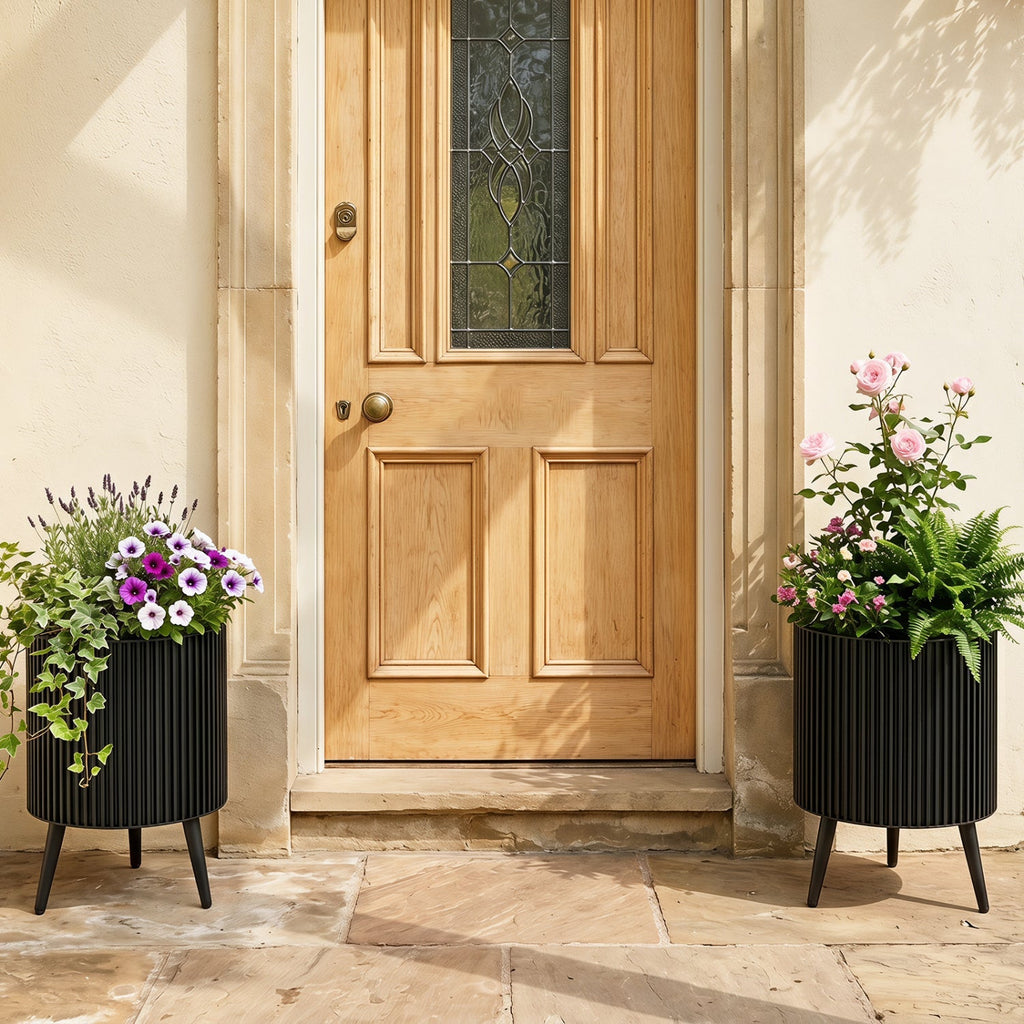 Fluted Metal Planter Pots with Stand Set of 2