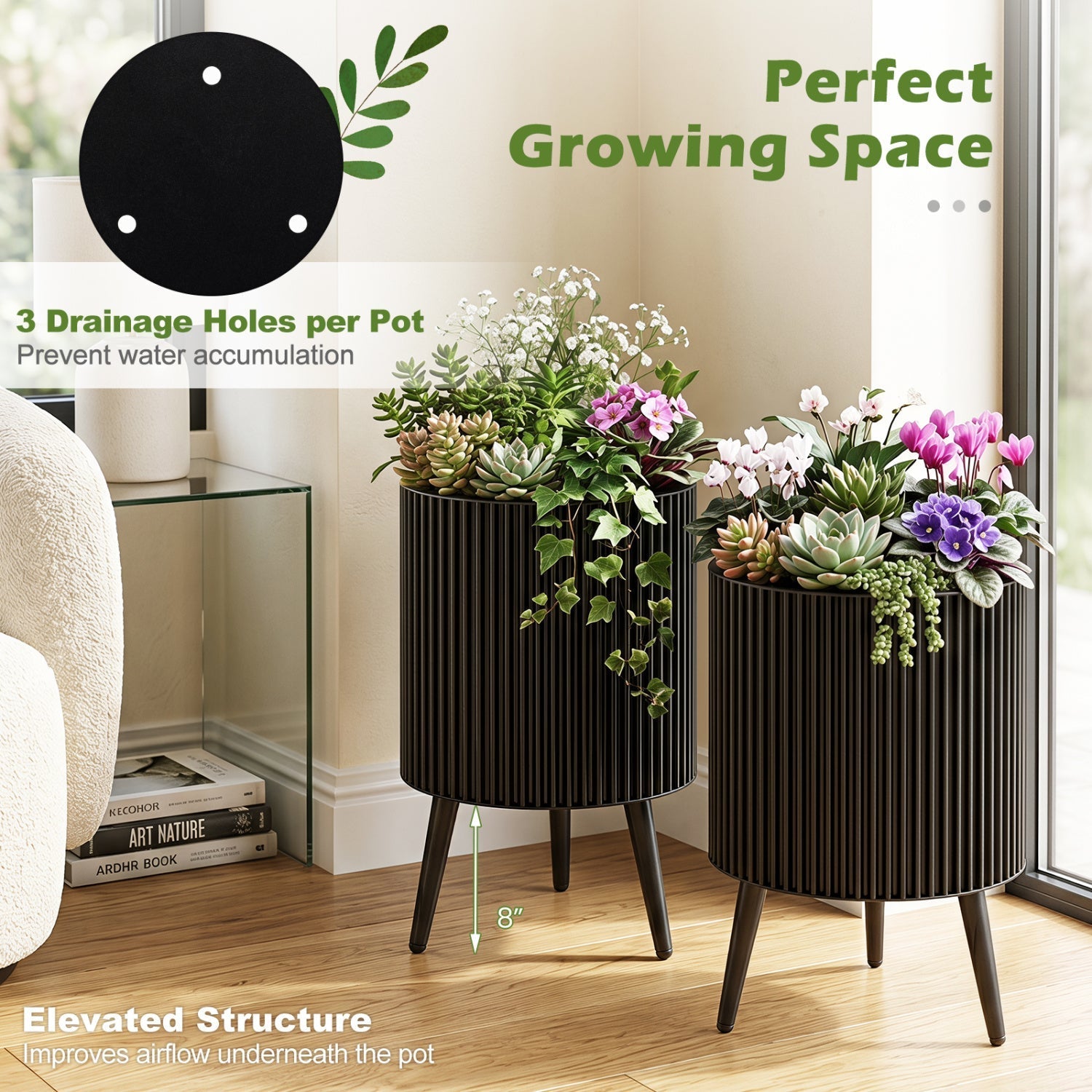 Fluted Metal Planter Pots with Stand Set of 2