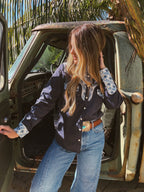 John Wayne Western Pearl Snap Button Up Top In Denim Blue
