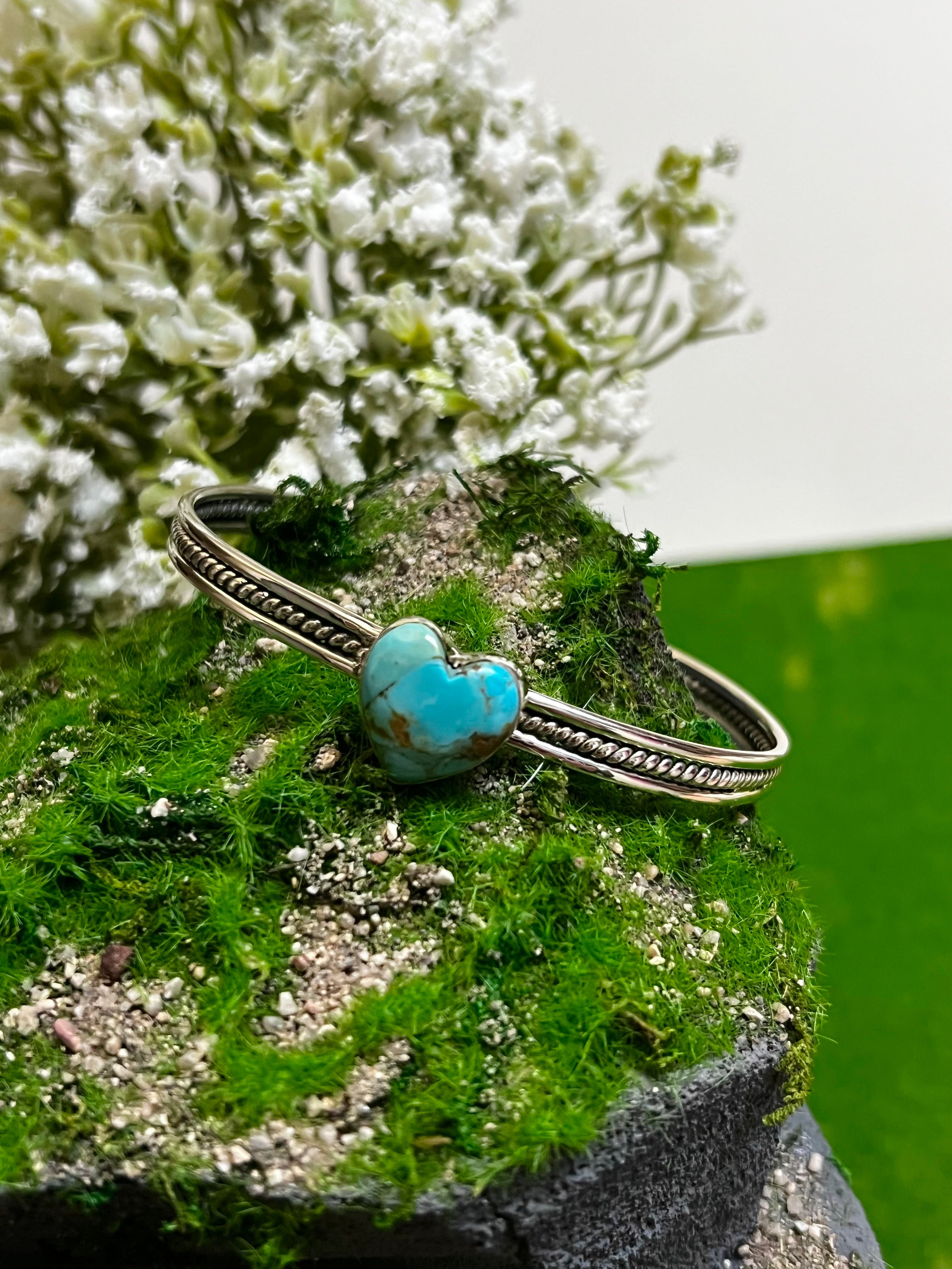 Handmade Sonoran Mountain Turquoise Heart & Sterling Silver Cuff Bracelet