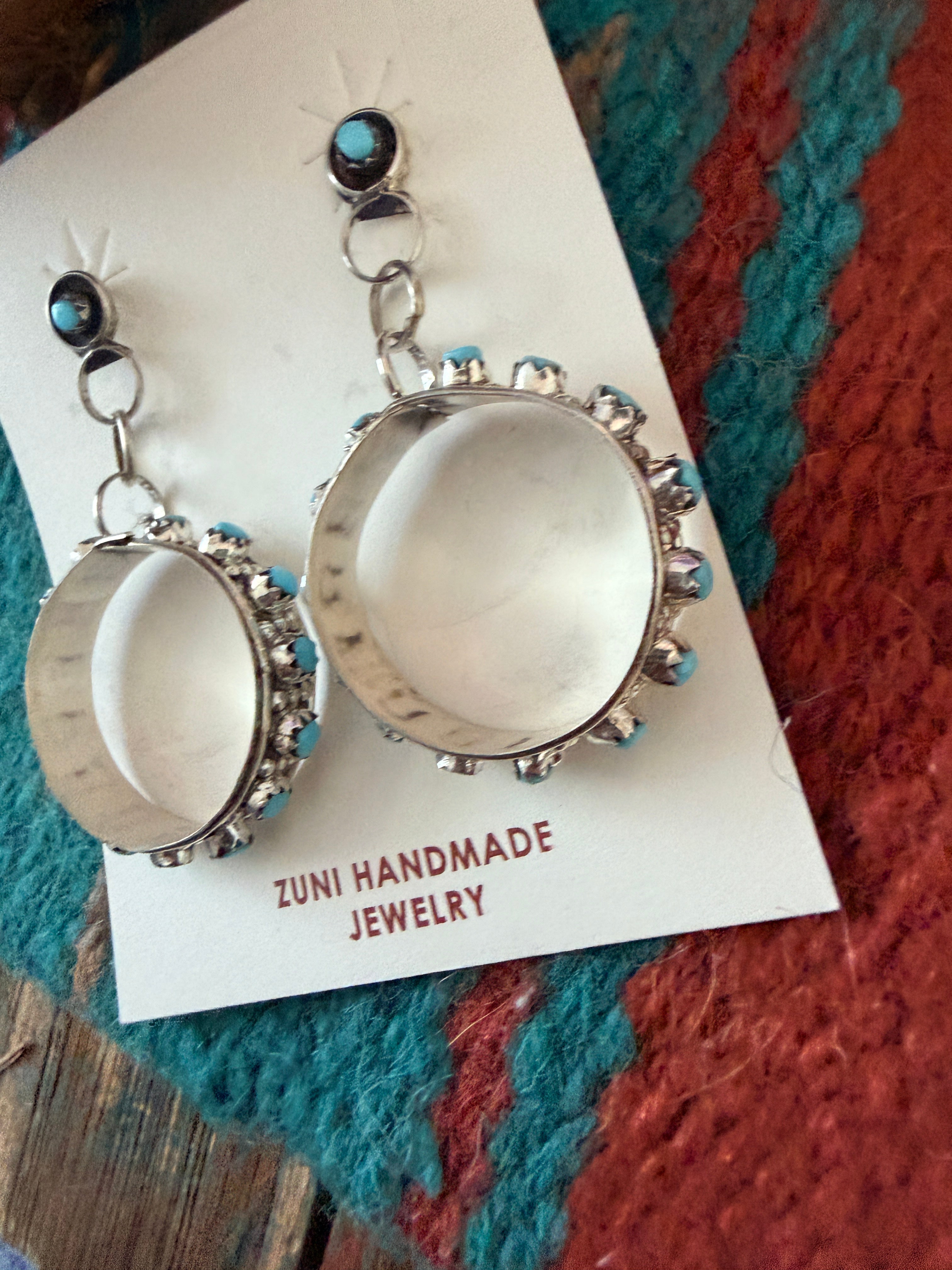 Handcrafted Sterling Silver & Turquoise Petit Point Dangle Hoop Earrings