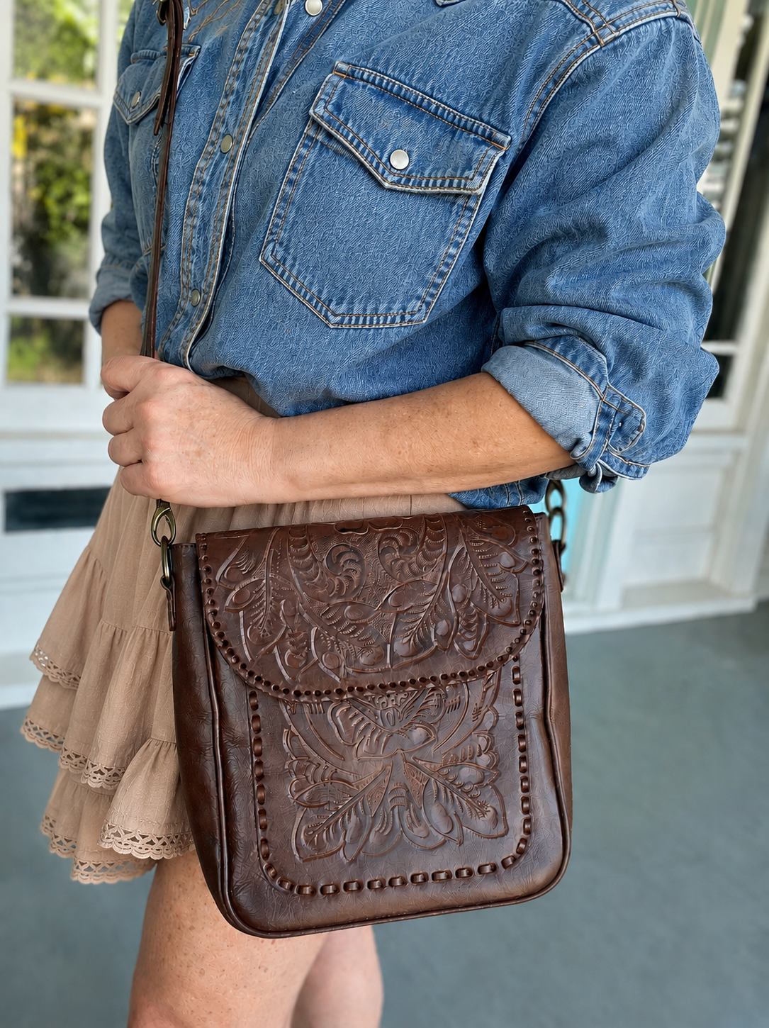 The Kimberly| Hand-Tooled Leather Messenger Bag
