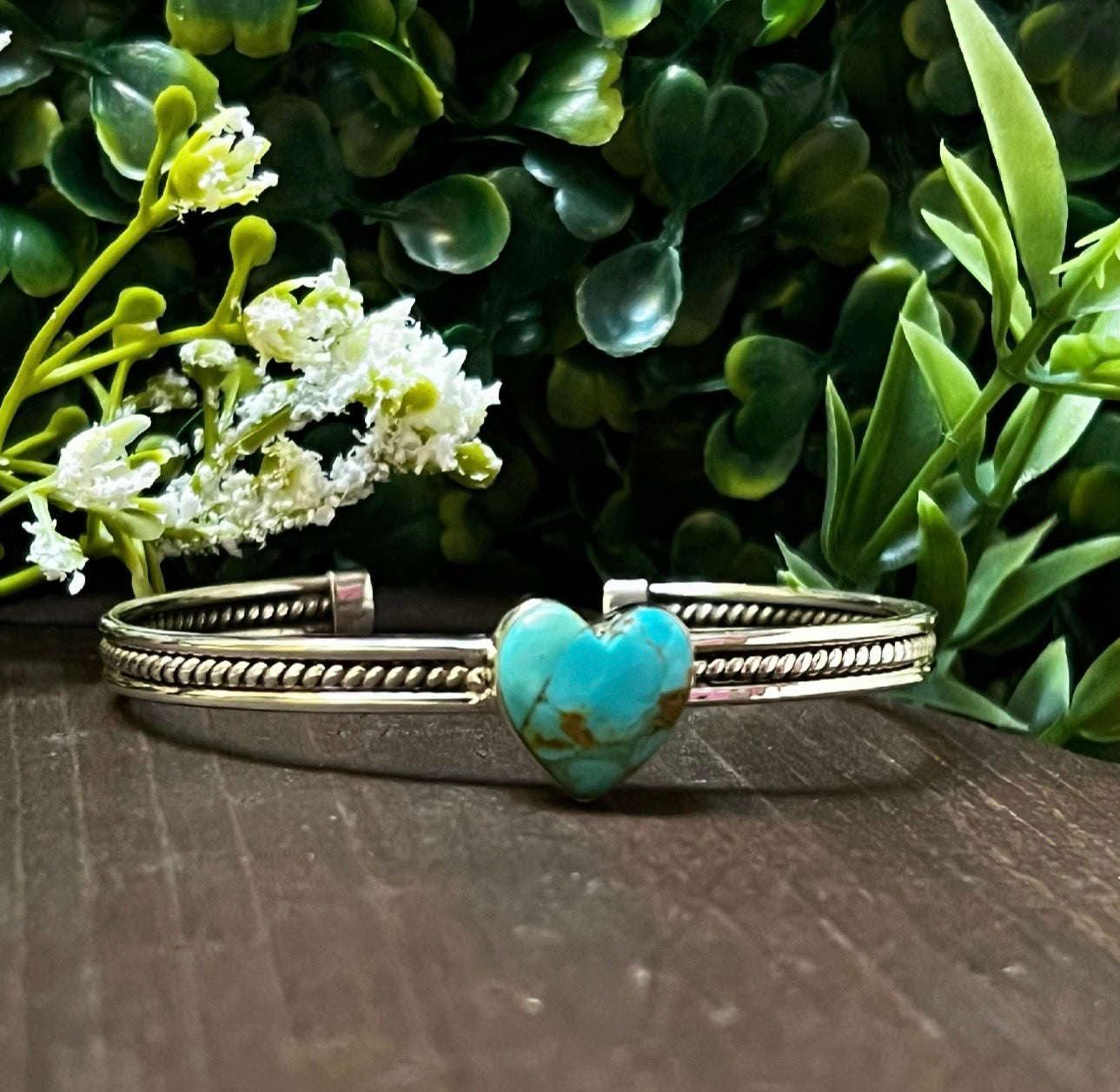 Handmade Sonoran Mountain Turquoise Heart & Sterling Silver Cuff Bracelet