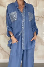 Women's Sequin Pocket & Placket Oversized Shirt & Wide-Leg Pants Set