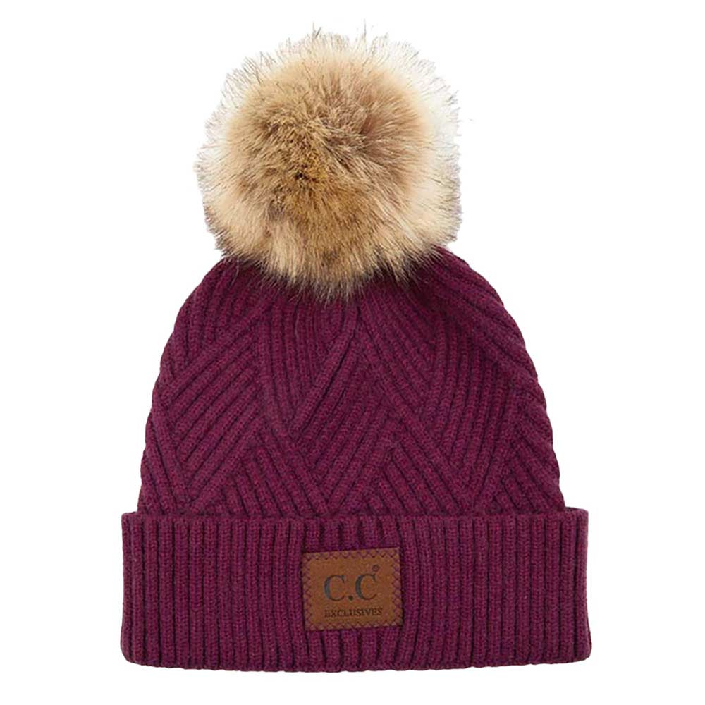 C.C Women's Heather Beanie Hat With Pom And Suede Patch
