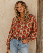 Going To California Large Poppy Flower Button Up Mesh Blouse