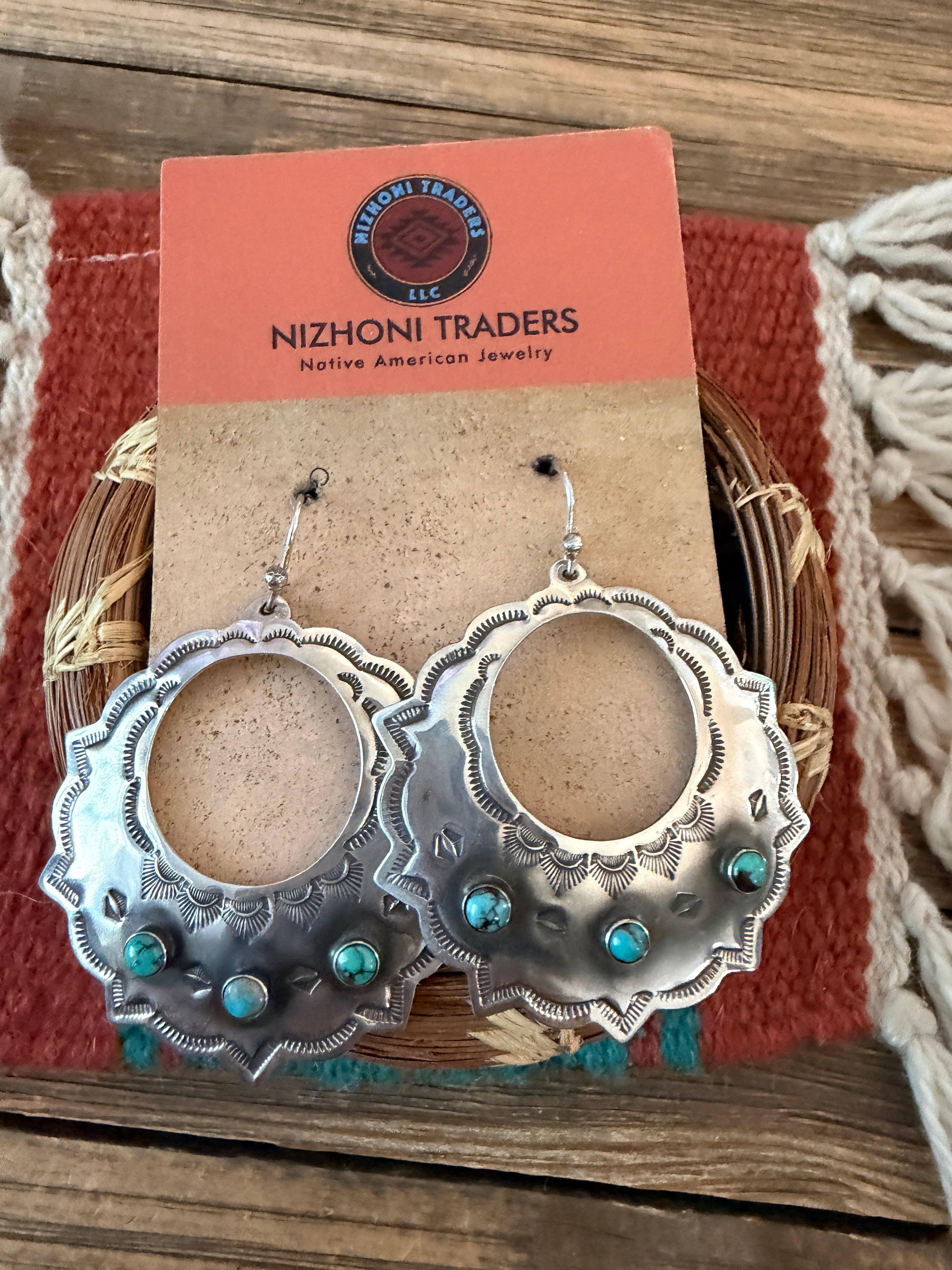 Handmade Sterling Silver & Turquoise Concho Dangle Earrings by Kimari Somers