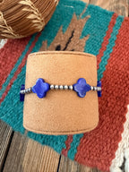 Handcrafted Lapis & Sterling Silver Pearl Cross Beaded Stretch Bracelet