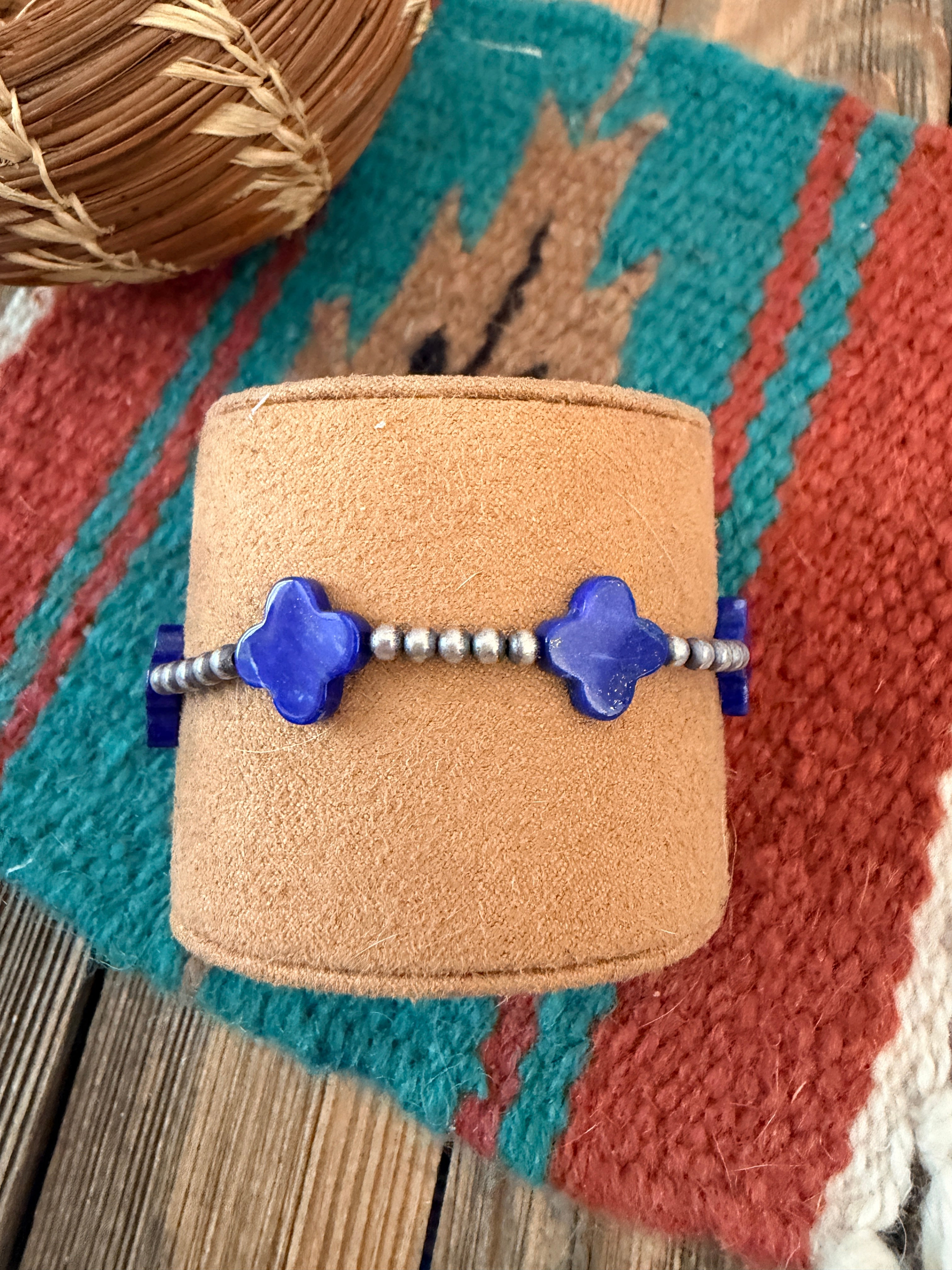 Handcrafted Lapis & Sterling Silver Pearl Cross Beaded Stretch Bracelet