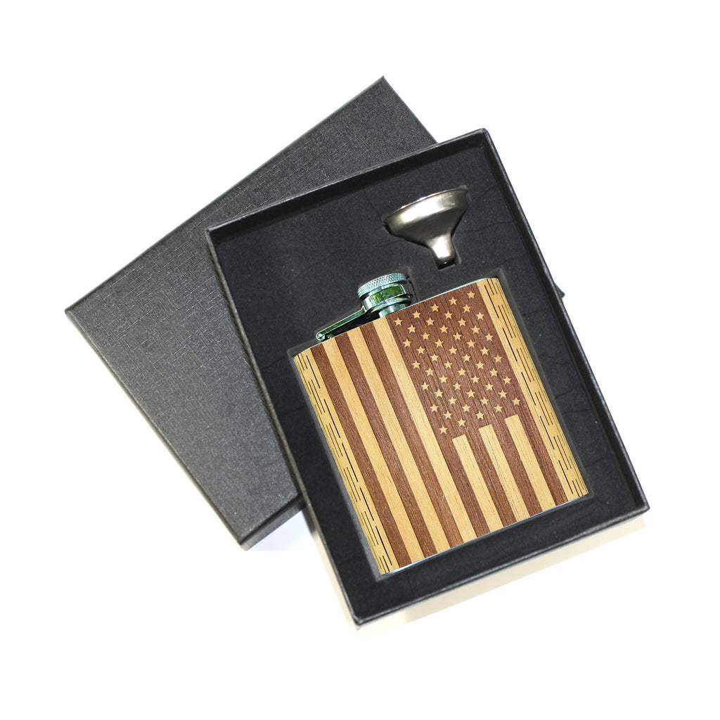 6 oz Wooden Hip Flask  American Flag